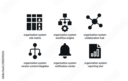 solid icon isolated organization system role matri organization system workflow engine organization system collaboration hub organization system version control integration organization