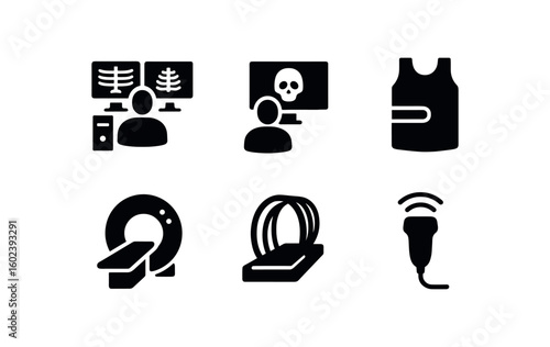 solid icon isolated radiologist PACS workstation radiologist DICOM viewer radiologist lead apron radiologist CT scanner radiologist MRI coil radiologist ultrasound probe