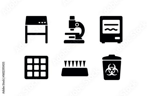 solid icon isolated laboratory biosafety cabinet laboratory microscope stage laboratory incubator shelf laboratory sample storage bo laboratory pipette tip rack laboratory waste disposal bin