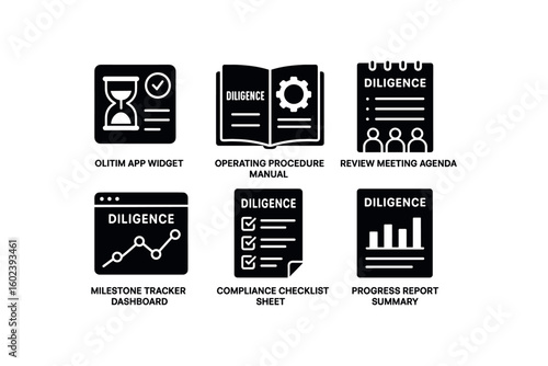 solid icon isolated diligence focus timer widget diligence operating procedure manual diligence review meeting agenda diligence milestone tracker dashboard diligence compliance checklist