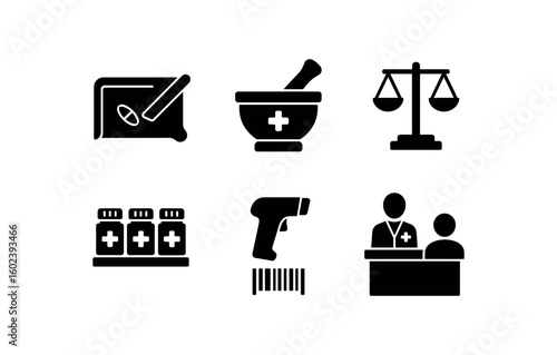 solid icon isolated pharmacist pill counter tray pharmacist mortar pestle pharmacist compounding balance scale pharmacist prescription vial rack pharmacist NDC barcode scanner pharmacist