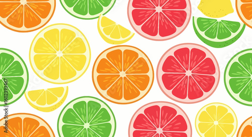Vibrant vector pattern of mixed citrus fruits. Slices of fresh lemon, lime, orange, and grapefruit on a white background.