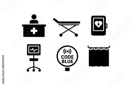solid icon isolated emergency room triage desk station emergency room gurney stretcher frame emergency room defibrillator cabinet emergency room vital signs monitor stand emergency room
