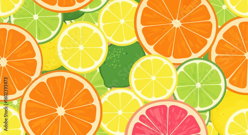 Colorful background pattern with various citrus fruit slices. Flat vector illustration of orange, lemon, lime, and grapefruit.