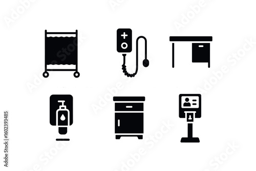 solid icon isolated ward patient cubicle privacy curtain ward nurse call cord unit ward charting station desk ward hand sanitizer dispenser ward bedside locker cabinet ward visitor badge