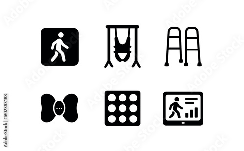solid icon isolated walking therapy visual cue markers walking therapy harness support frame walking therapy mobility walker frame walking therapy muscle stimulator pad walking therapy