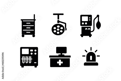 solid icon isolated emergency room resuscitation cart assembly emergency room trauma bay array emergency room ventilator control module emergency room blood gas analyzer unit emergency room