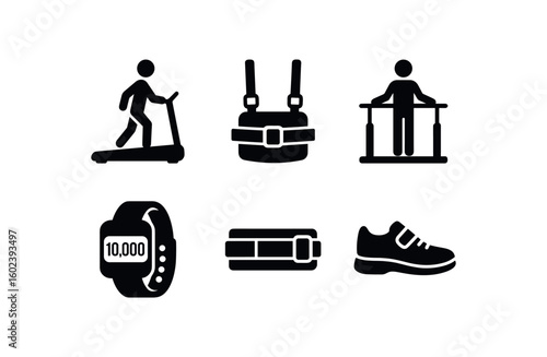 solid icon isolated walking therapy treadmill track mat walking therapy gait belt harness walking therapy balance bar rail walking therapy pedometer wristband walking therapy ankle strap