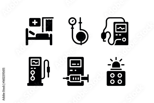 solid icon isolated intensive care unit bed isolation curtain intensive care unit arterial kit intensive care unit ECMO circuit intensive care unit dialysis machine intensive care unit