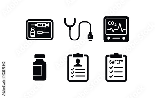 solid icon isolated anesthesiologist nerve block tray anesthesiologist end tidal CO? sensor anesthesiologist capnography module anesthesiologist induction agent vial anesthesiologist pre op
