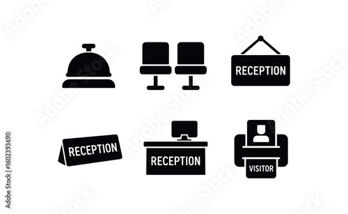 solid icon isolated reception desk bell reception waiting chairs reception signboard reception nameplate reception computer terminal reception visitor badge printer