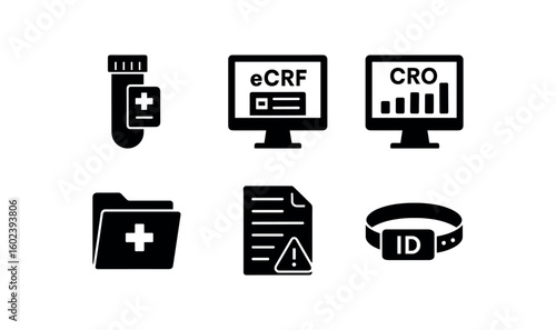 solid icon isolated clinical trial biobank sample tube clinical trial eCRF software portal clinical trial CRO oversight dashboard clinical trial trial master file clinical trial adverse