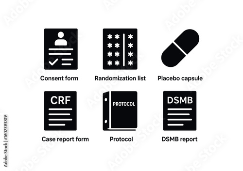 solid icon isolated clinical trial consent form template clinical trial randomization list clinical trial placebo capsule clinical trial case report form clinical trial protocol binder