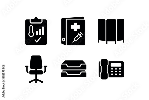 solid icon isolated health office temperature chart health office vaccination record binder health office privacy screen panel health office ergonomic chair health office desktop organizer