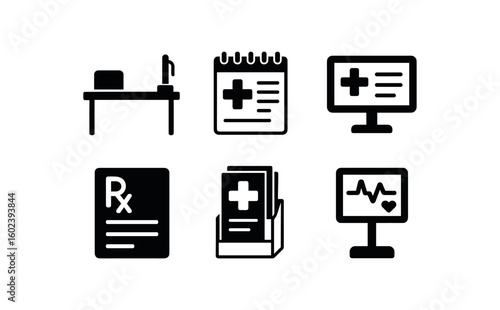 solid icon isolated health office medical office desk health office appointment book health office EMR terminal health office prescription pad health office health brochure rack health