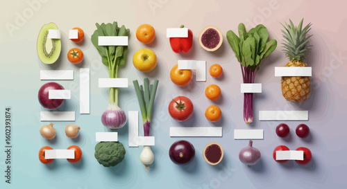 Vibrant flat lay of fresh fruits and vegetables arranged neatly. Concept of healthy eating, diet, and nutrition.