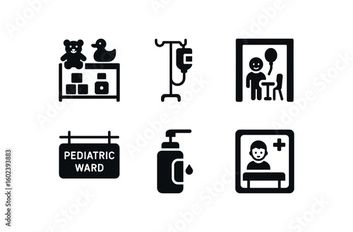 solid icon isolated pediatric ward toy shelf pediatric ward IV pole pediatric ward child life room pediatric ward signage pediatric ward sanitizer dispenser pediatric ward observation window