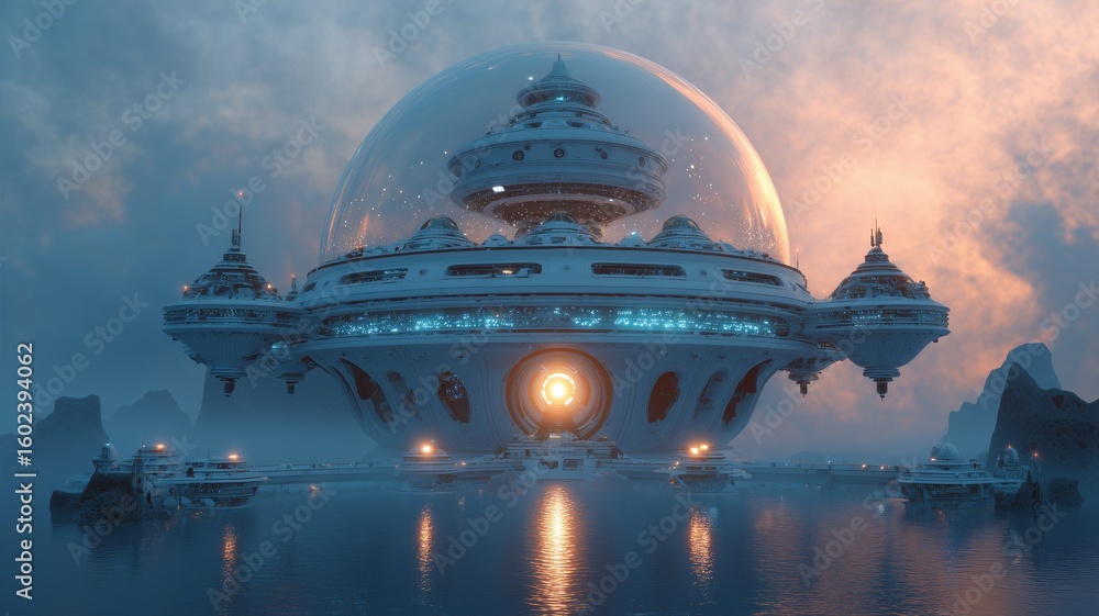 Obraz premium Advanced data sanctuary featuring sentient firewall orb and defensive ground turrets at twilight