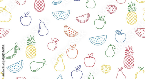 Colorful fruit outline seamless pattern. A vibrant and playful food concept featuring minimalist line art illustrations of various fruits.