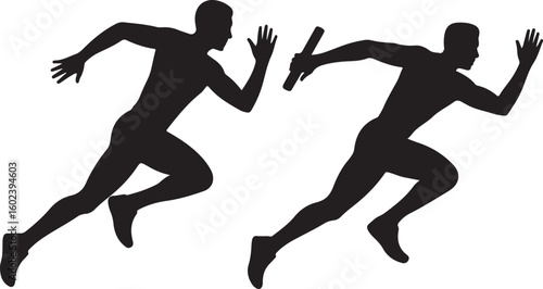 A man passing a relay baton to a teammate silhouette. Silhouette people passing relay baton. Passing Relay Baton Stock Illustrations. the silhouette is set isolated on a white background