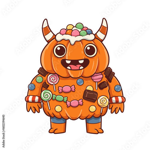 Cute cartoon pumpkin monster covered in colorful candies  