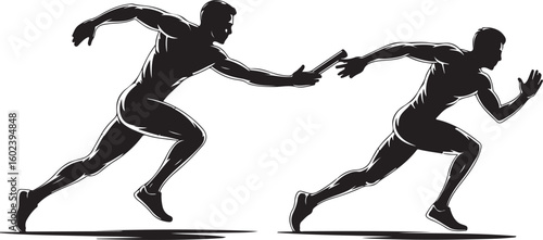 A man passing a relay baton to a teammate silhouette. Silhouette people passing relay baton. Passing Relay Baton Stock Illustrations. the silhouette is set isolated on a white background