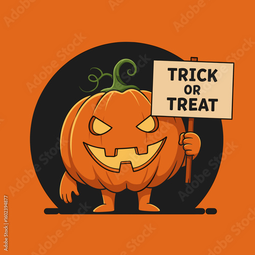 Cartoon pumpkin holding trick or treat sign on orange background  