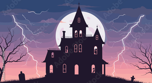 Spooky haunted house silhouette against full moon and lightning  