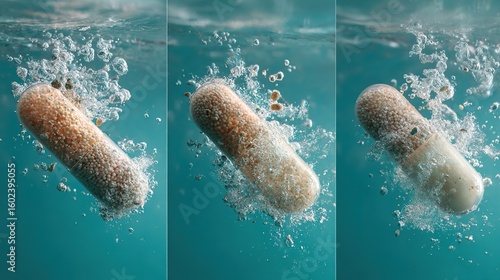 Capsule Dissolving in Water with Bubbles, Showing Dynamic Dissolution Process