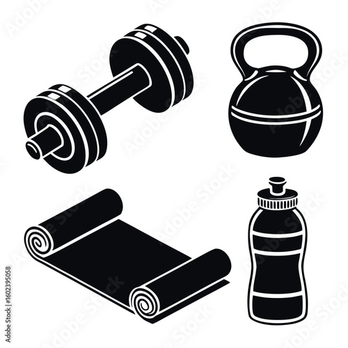 Black Silhouette Icons of Gym Equipment Dumbbell, Kettlebell, Mat and Water Bottle