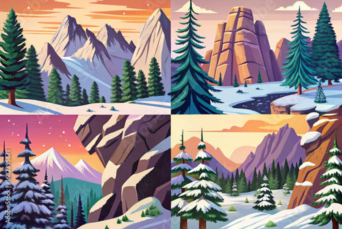Vector cartoon of snowy set winter hills and forest in gentle snowfall, ideal for Christmas designs, hiking themes, and seasonal travel concepts collection