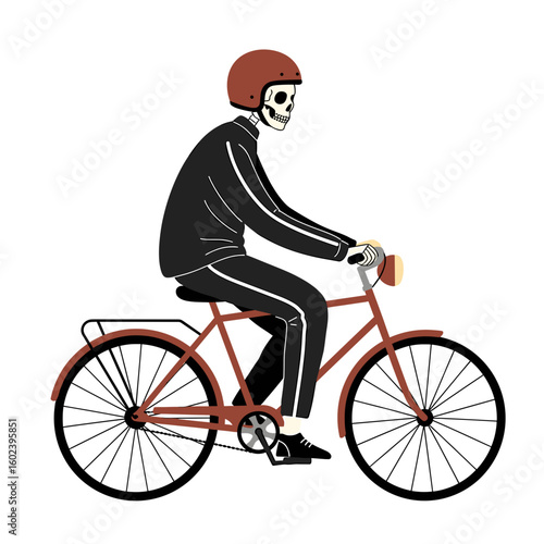 Skeleton riding a bicycle in a casual pose  