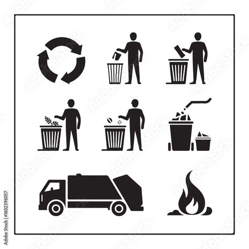 A collection of black and white waste management related illustrations