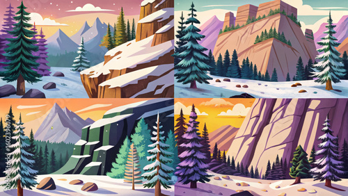 Vector cartoon of snowy set winter hills and forest in gentle snowfall, ideal for Christmas designs, hiking themes, and seasonal travel concepts collection