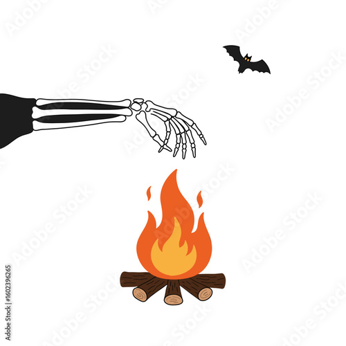 Skeleton hand reaching over a campfire with bat flying above  