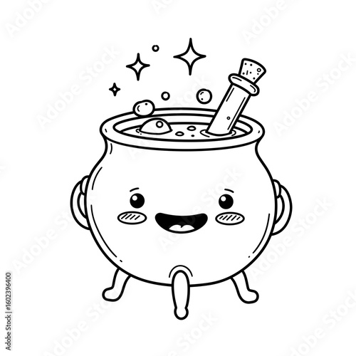 Cute cartoon cauldron with smiling face and bubbling potion  