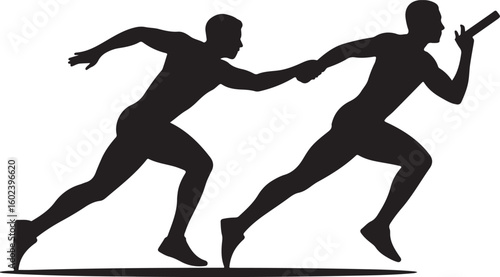 A man passing a relay baton to a teammate silhouette. Silhouette people passing relay baton. Passing Relay Baton Stock Illustrations. the silhouette is set isolated on a white background