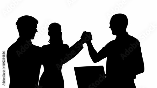 Silhouette of three business professionals shaking hands with a laptop visible in the foreground scene here