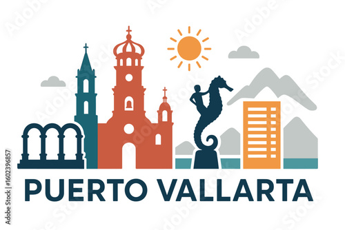Puerto Vallarta city skyline with iconic buildings and landmarks