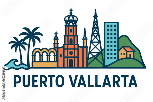 Puerto Vallarta city skyline with iconic buildings and landmarks