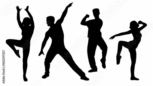 Silhouette of four people in dynamic poses demonstrating various dance or exercise movements on white background