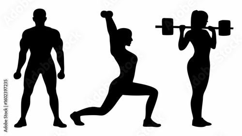 Three silhouettes of people exercising with weights in different poses on a white background scene view