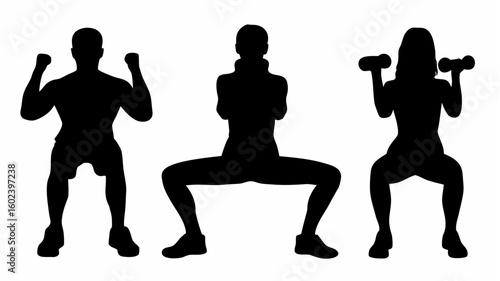 Silhouette of three people doing squats, one with dumbbells, in a fitness or exercise setting, black on white