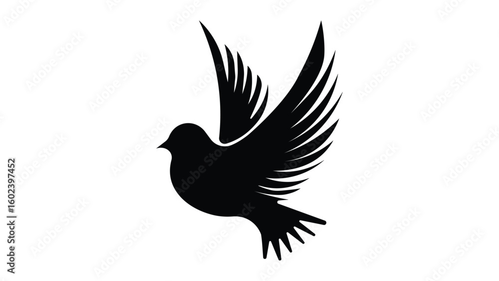 Fototapeta premium Elegant black bird silhouette in flight, a stylized peace dove icon with spread wings. Minimal vector graphic symbol for freedom and hope.