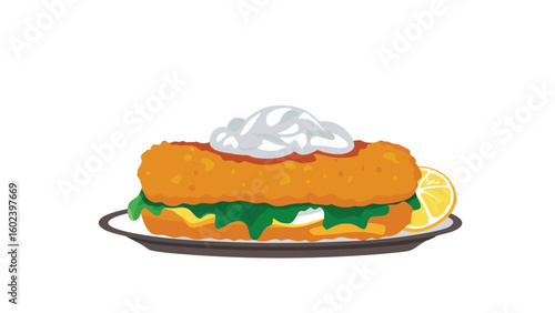 A delicious looking sandwich with greens and a lemon slice on a plate with creamy white topping