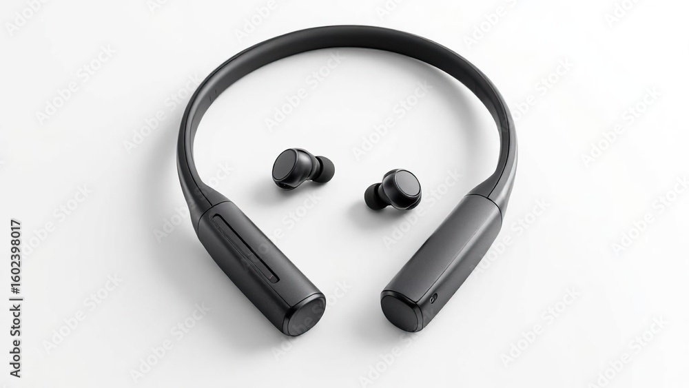 A close up of a black neckband style wireless earphone set on a plain white surface background A close up of a black neckband style wireless earphone set on a plain white surface background