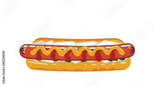 Illustration of a hotdog with mustard and relish inside of a bun on a white background view