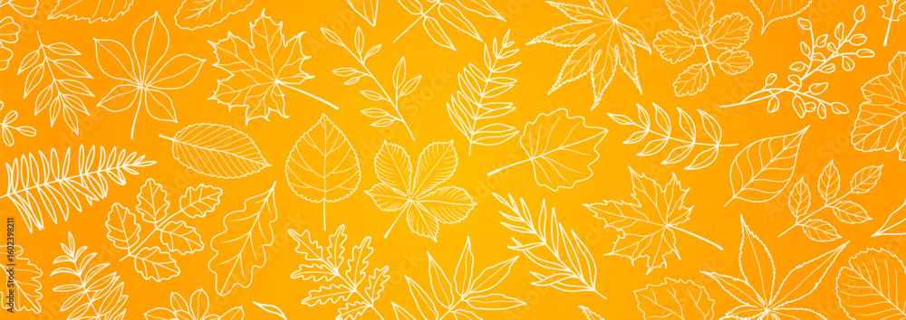 Abstract autumn leaf fall on yellow background with leaves hand drawn in line style. Vector illustration