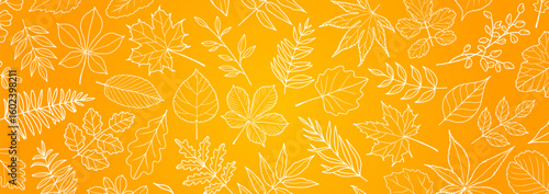 Abstract autumn leaf fall on yellow background with leaves hand drawn in line style. Vector illustration