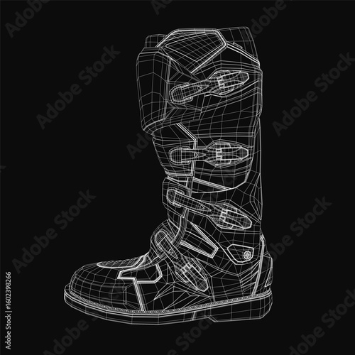 Black motorcycle boots with bold white wireframe contours stand against a dark background, featuring rugged soles, reinforced stitching, and a sleek matte finish.